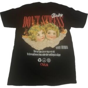 CVLA T-Shirt Mens S Don't Stress Baby Cherub Graphic Black Short‎ Sleeve Tee